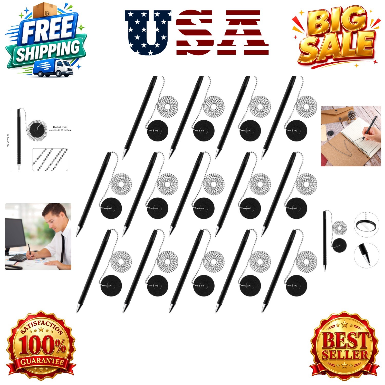 14 Pieces Secure Pen with Chain and Adhesive Pen Holder Reception Counter Bal…