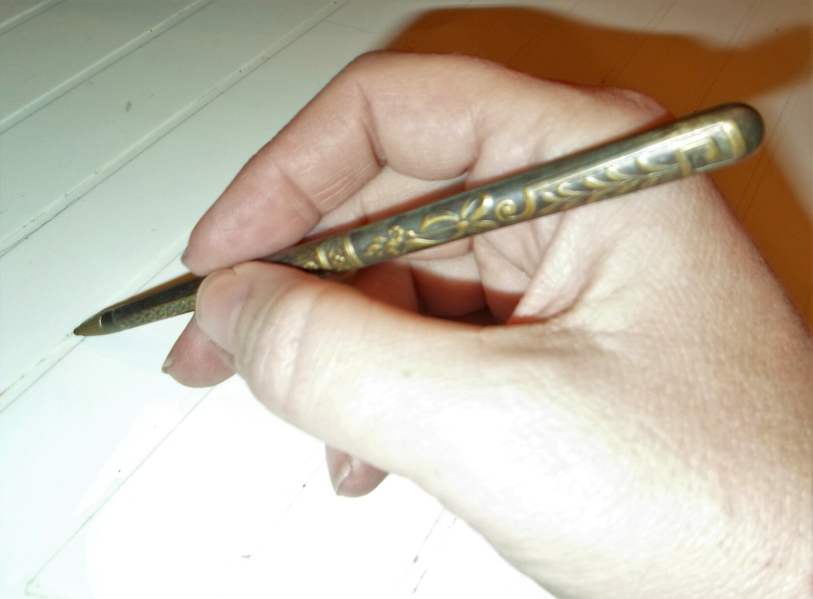 Vintage Antiqued Brass Engraved Pen Textured Repousse Greek Key