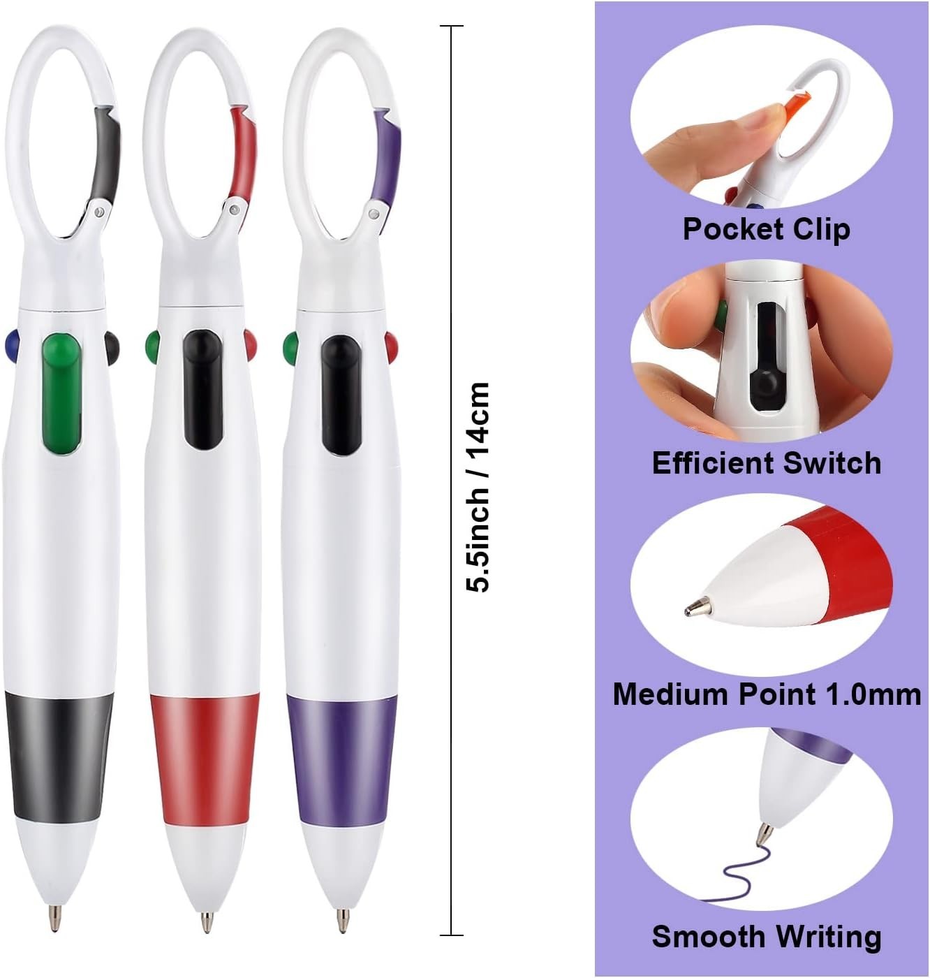 12 Count Retractable 4-in-1 Multicolor Ballpoint Pens with Carabiner Clip