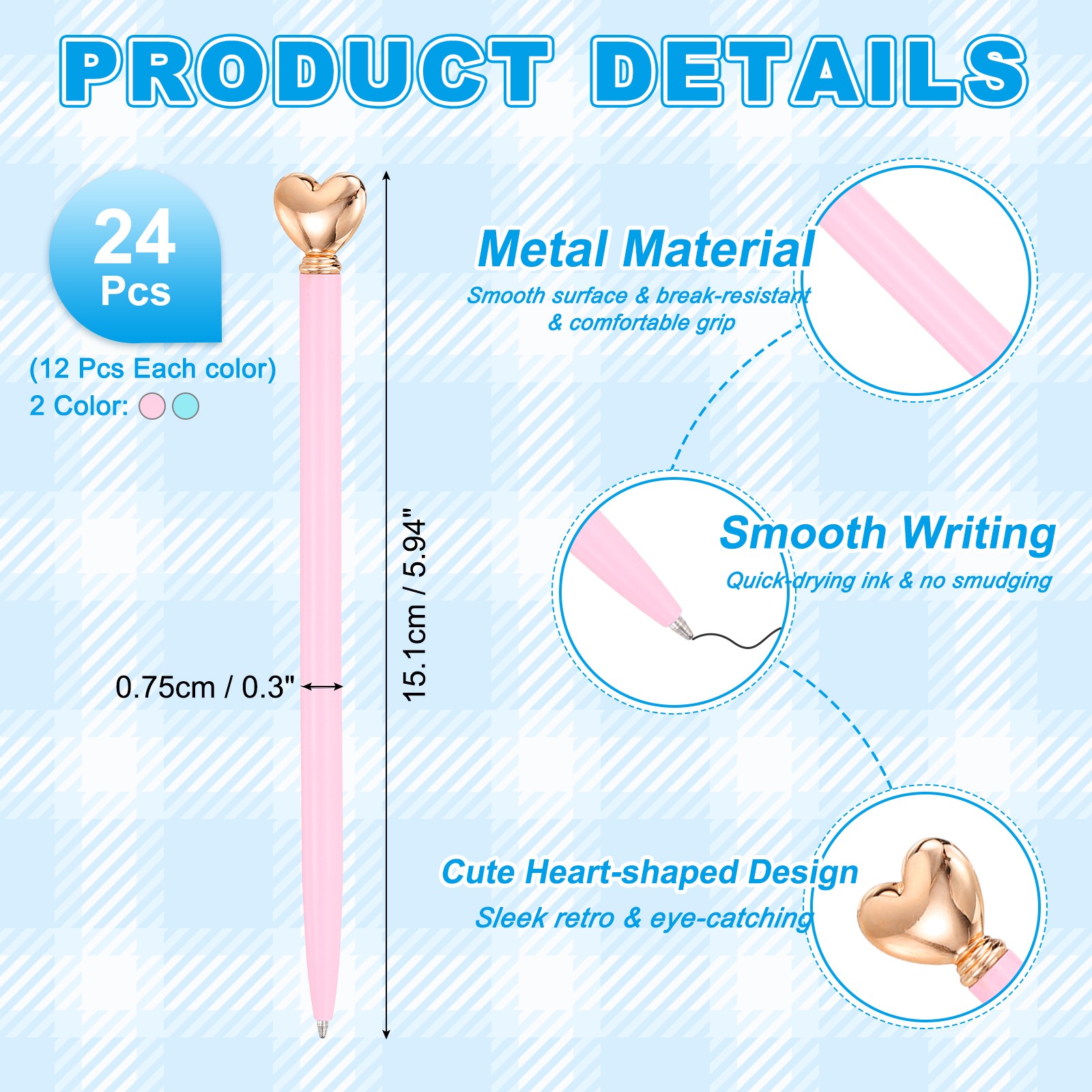 Heart Pens 1.0 mm Black Ink, 24 Pcs Metal Cute Pens, Pink/Candy Blue/Rose Gold