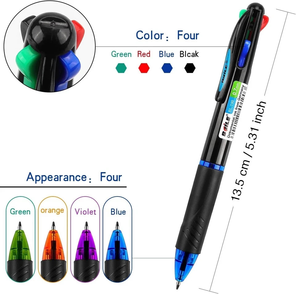 4 Pack Multicolor Ballpoint Pens 4-In-1 0.7Mm Colored Retractable Ballpoint Gift