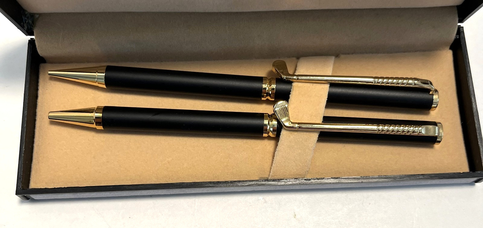 Black & Gold Golf Club Pocket Clip Writing Pen Ballpoint & Pencil Set in Box