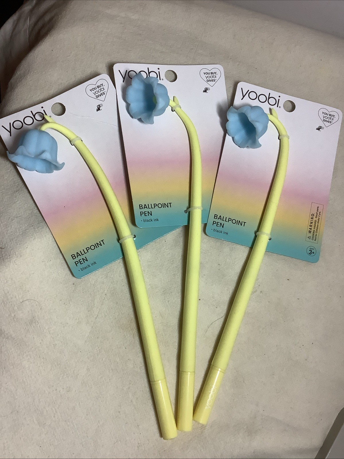 3–Yoobi Yellow/ Blue Flower Pens With Black Ink~ New Set Of 3