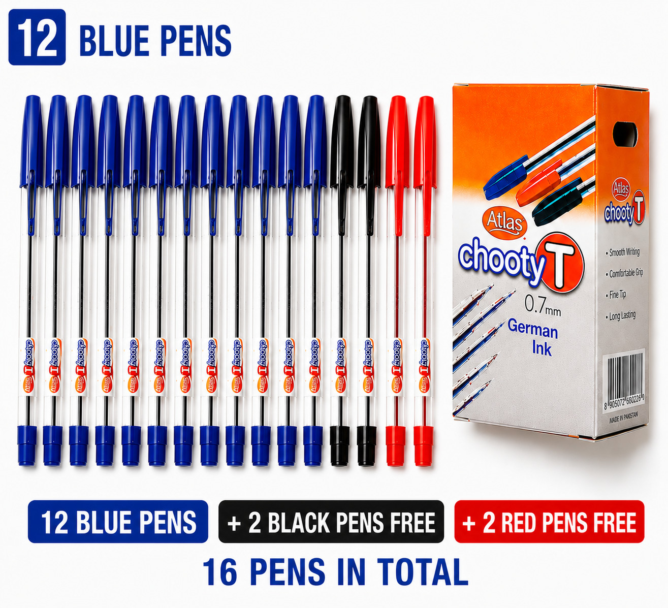 Atlas Chooty T Ballpoint Pen Smooth Blue,Black,Red, Buy 12 get 4 FREE. Free Ship