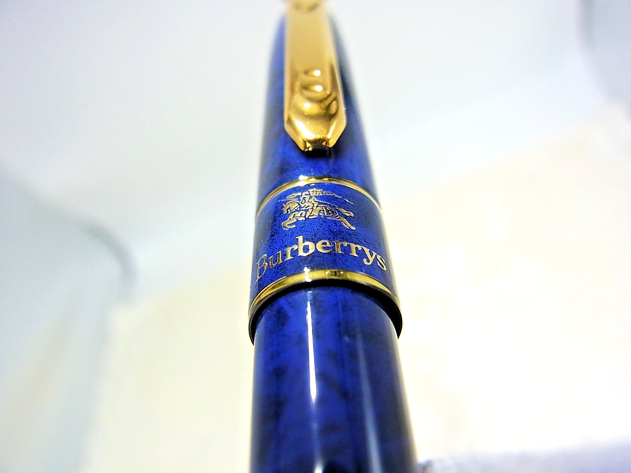 Burberry Blue Marble 3‑color & Green Ballpoint Pen Gold Trim with Box Mint