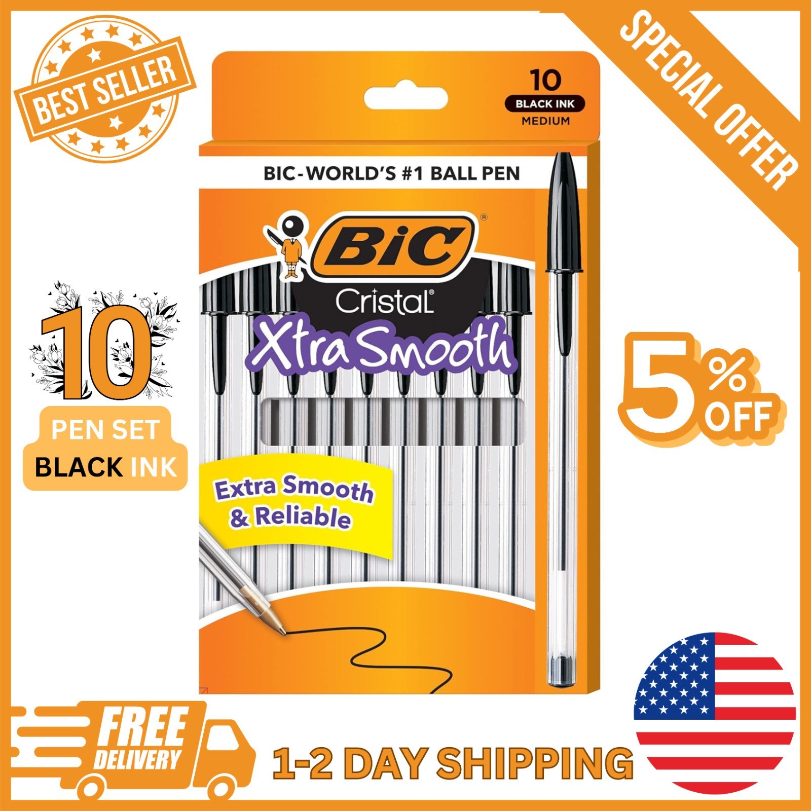Pack of 10 Ballpoint Pen – Black Ink Ball Point Pens for Office Writing School