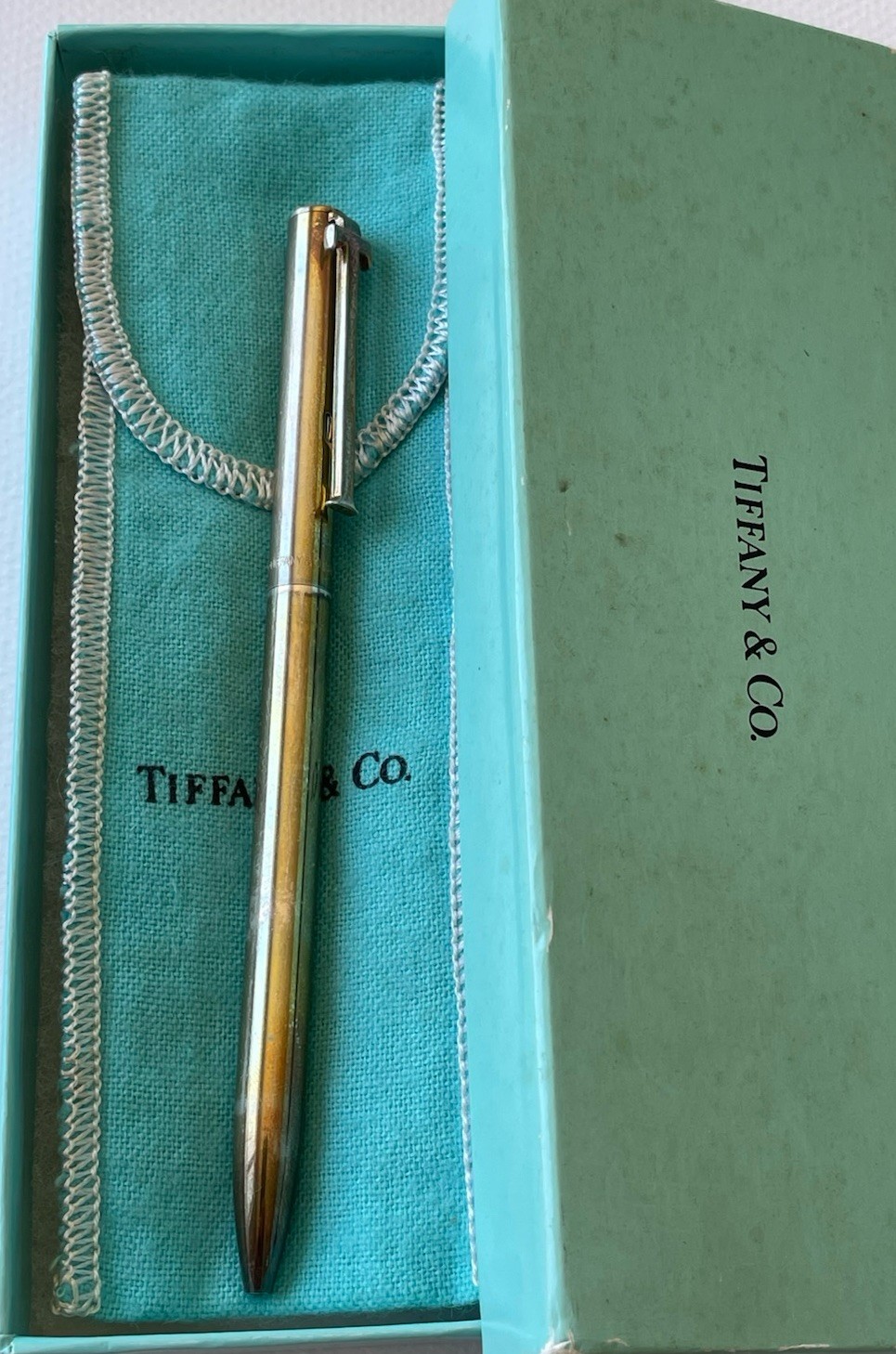 Tiffany & CO. Sterling Silver 925 Twist Ballpoint Pen with Box And Pouch