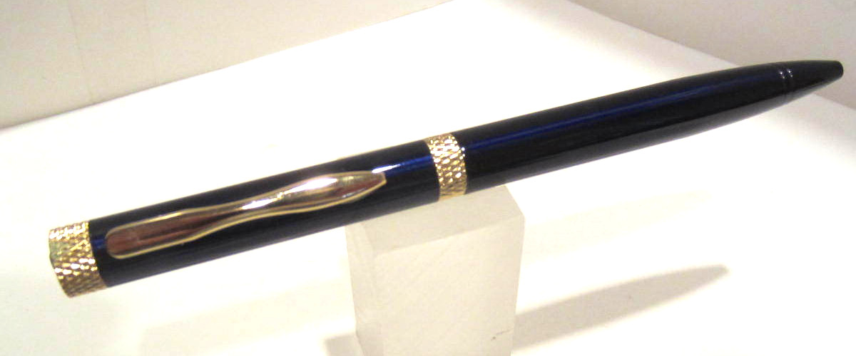 Terzetti Diamond Top Metal BRASS ballpoint pen- BLUE /GOLD TRIM- GIFT POUCH
