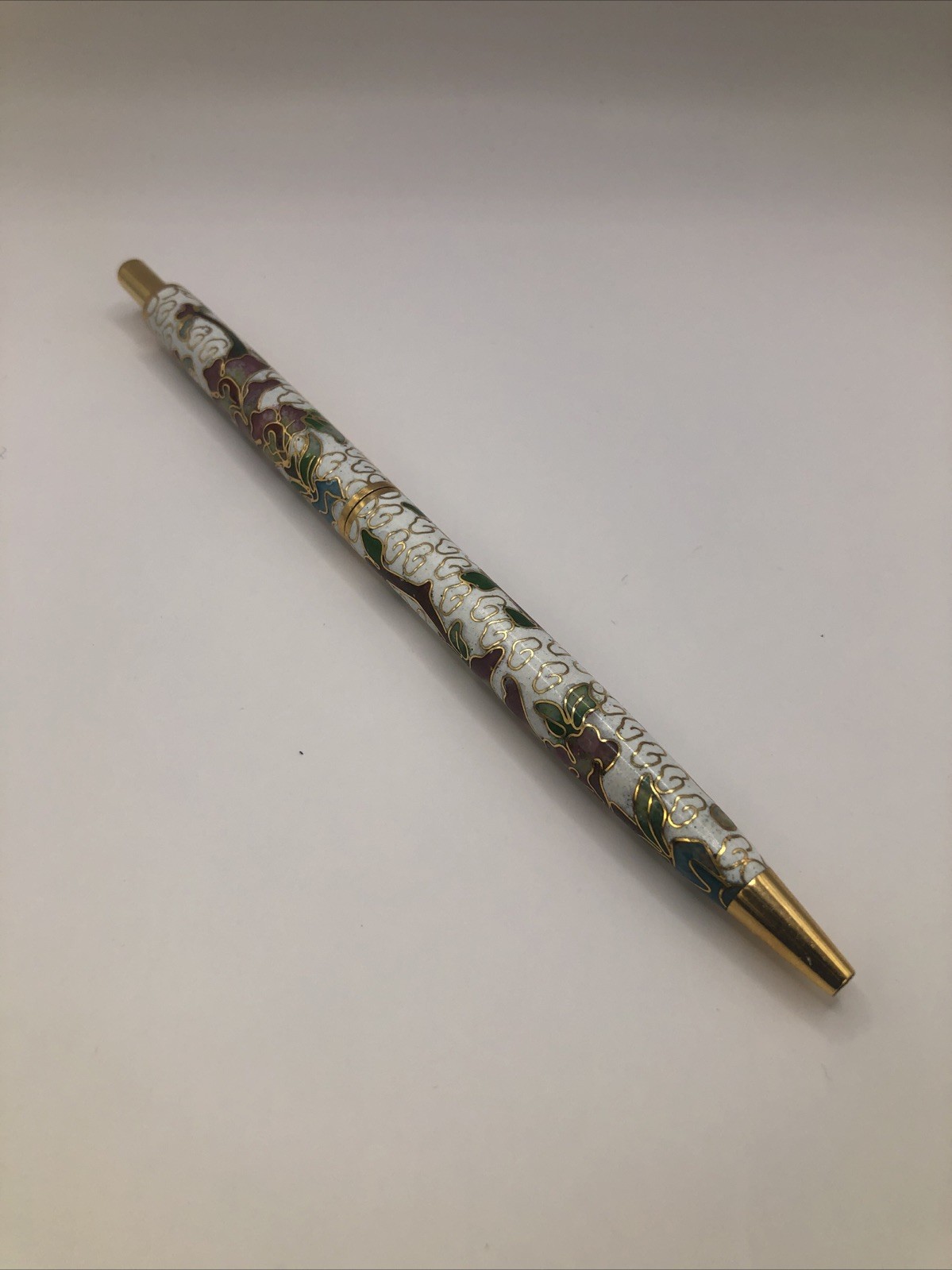 Vintage Chinese Cloisonne Enameled Ball Point Pen in Brocade Box