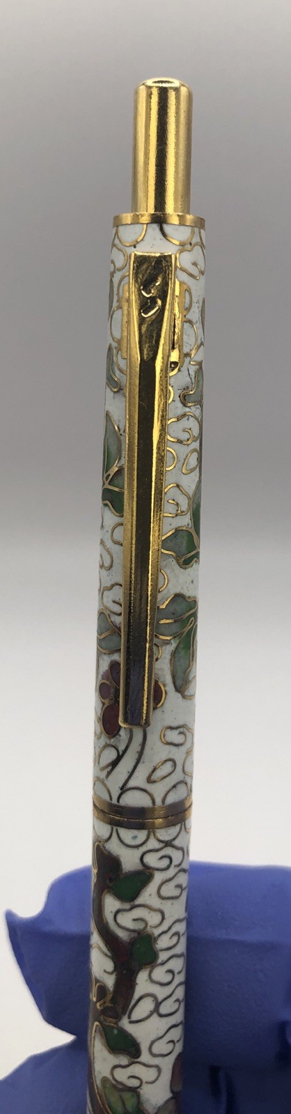 Vintage Chinese Cloisonne Enameled Ball Point Pen in Brocade Box