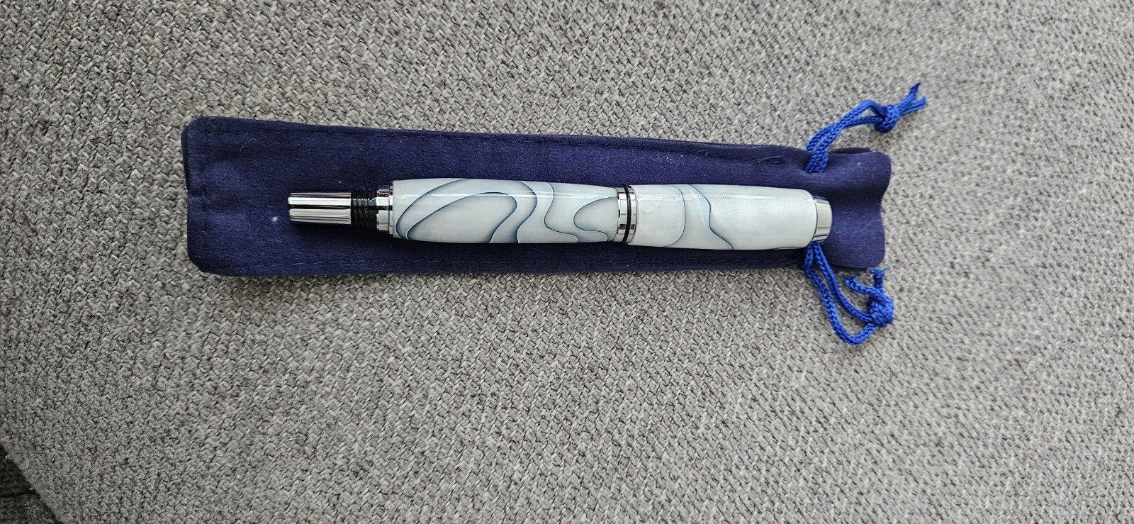 White & Blue/Gray Swirl Resin RollerBall Pen, Chrome Trim, Black Ink, w/ Pouch
