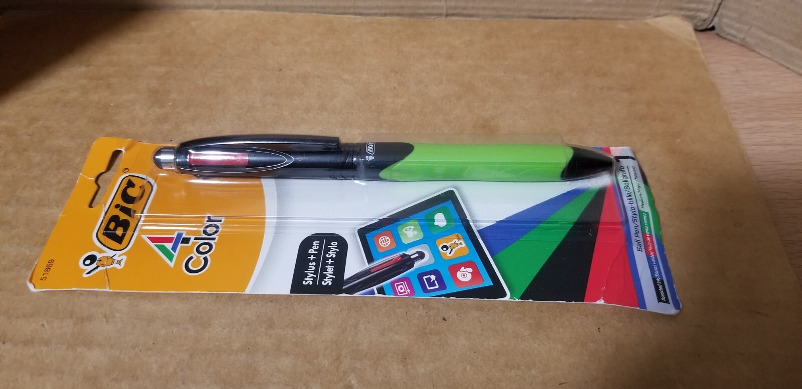 BIC 4 Color Stylus + Ball Pen Grip Medium Point Black Red Green Blue, New sealed