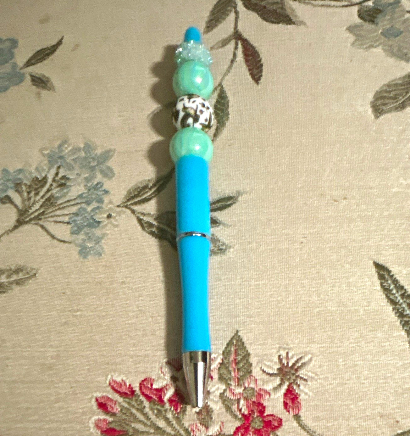 Blue Plastic Novelty Ballpoint Pen w/ Beaded Topper, Blue Ink, New