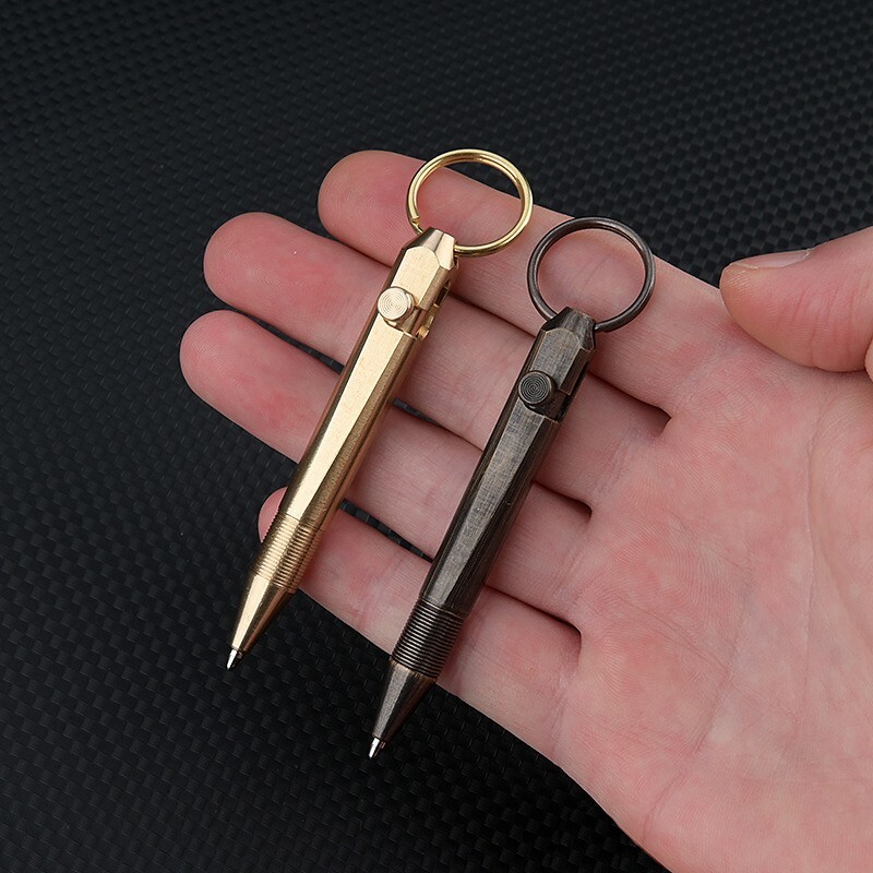 Mini Pocket Keychain Brass Bolt Action Ball Pen Outdoor EDC Tool Gift