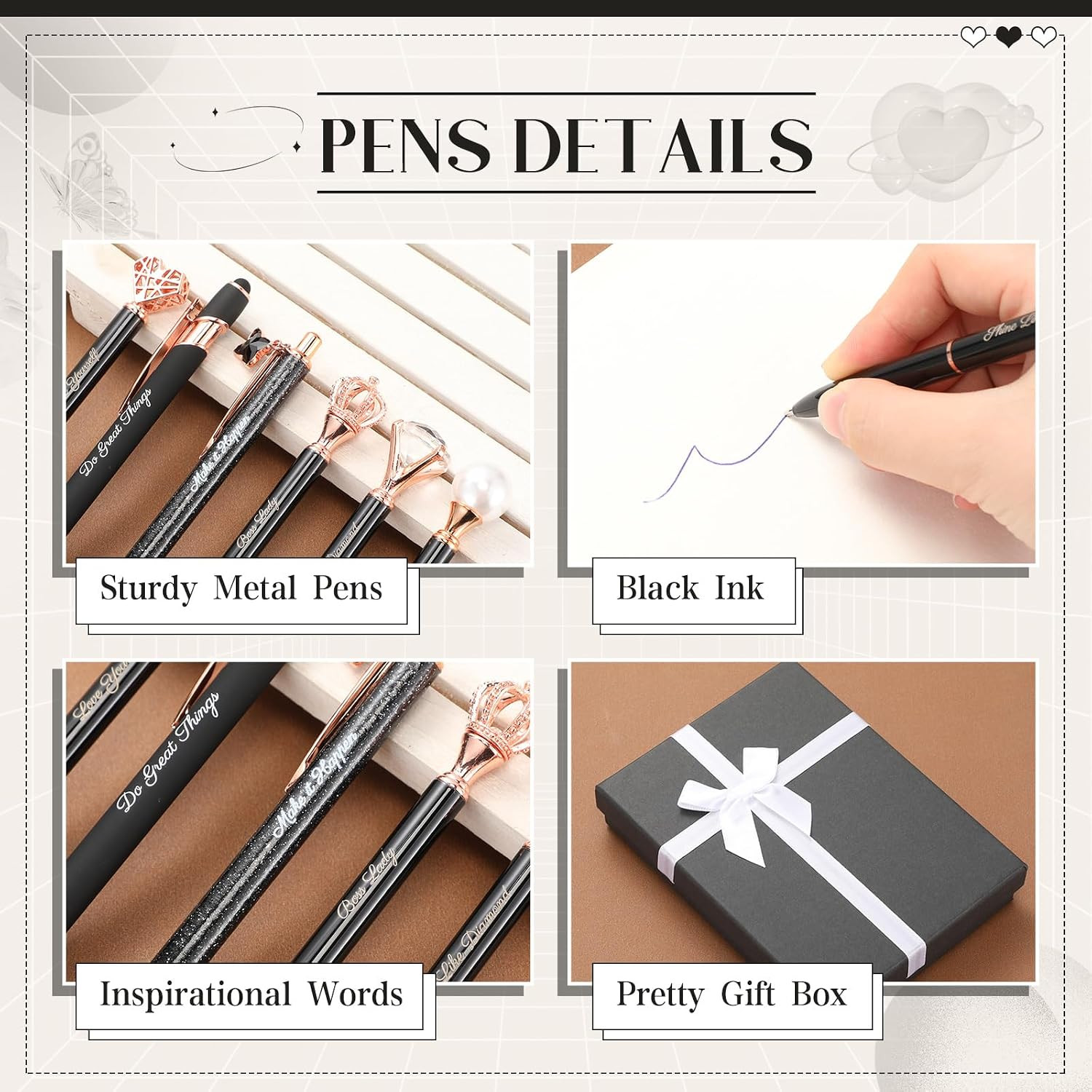 Qeeenar 6 Pcs Fancy Pens for Women Crystal Diamond Pen for Journaling Pretty Gli