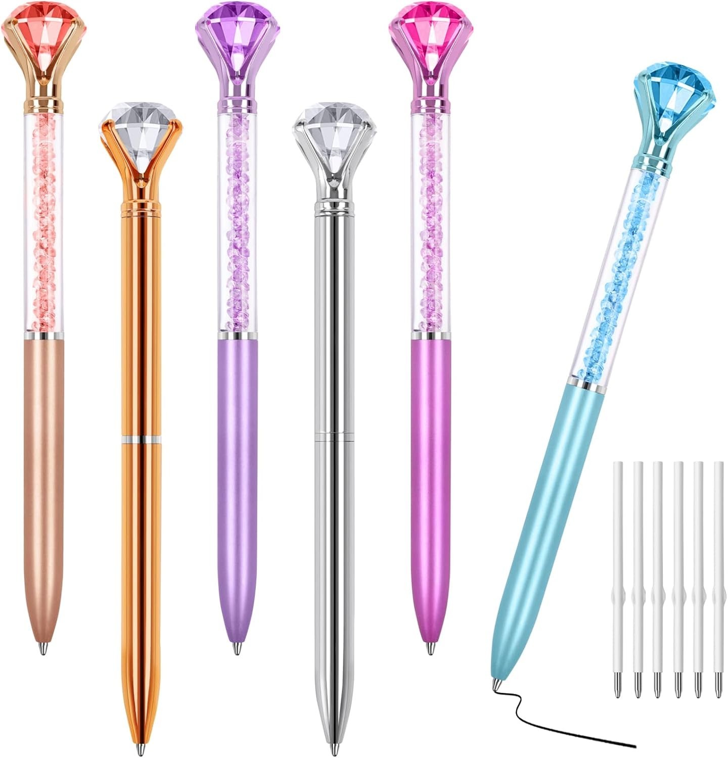 6 Pack Diamond Pens with Crystal Top Black Ink Refillable Ballpoint Pens