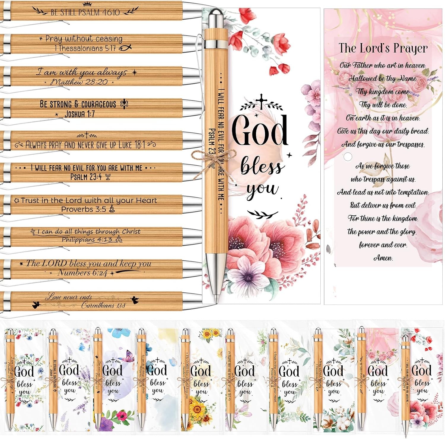 50 Set Bible Verse Bamboo Pens w/ Prayer Bookmarks, Christian Gifts Bulk