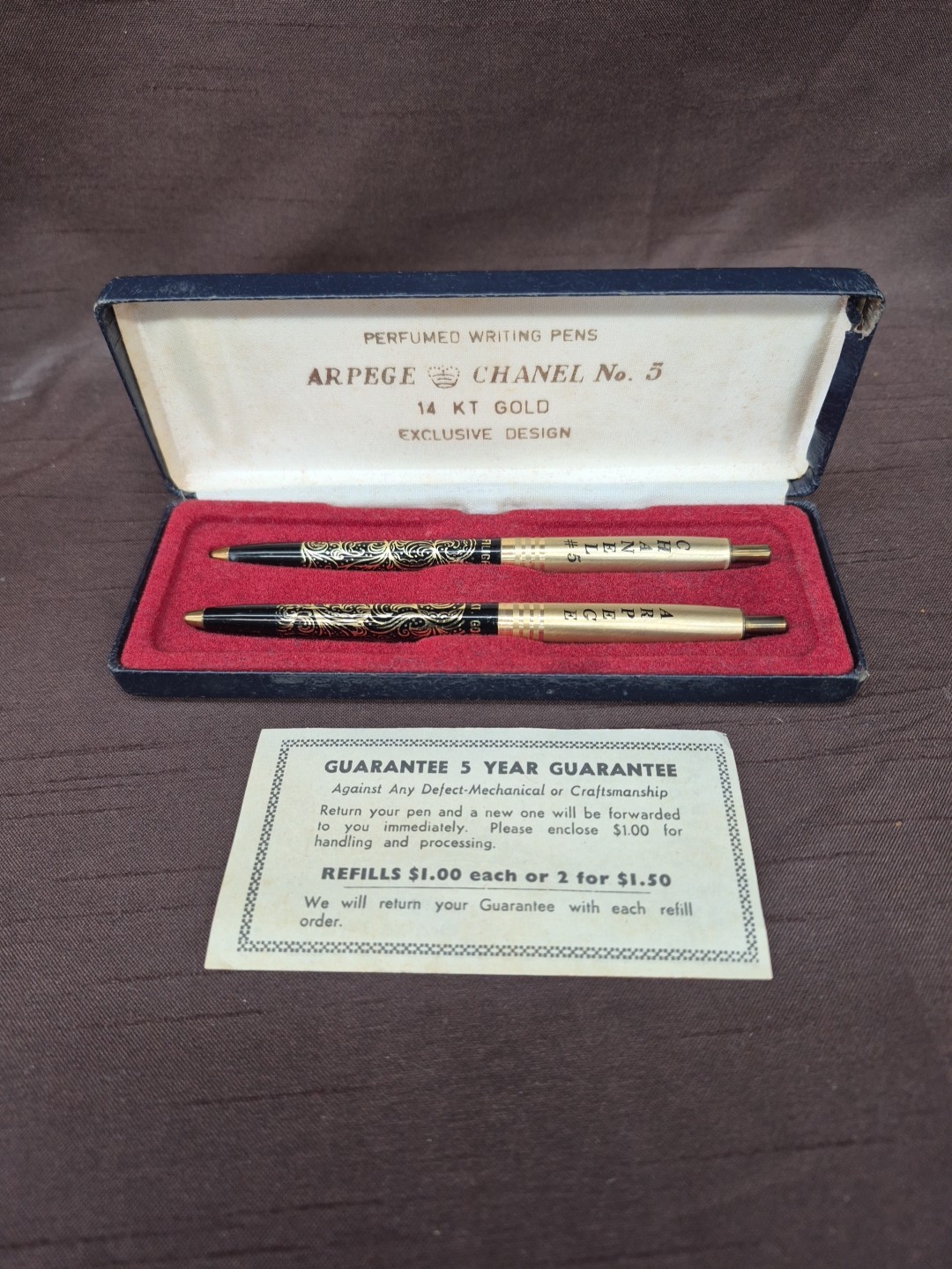 Vintage Chanel No.5 Arpege 14K Gold Filigree Perfumed Ballpoint Pen Set in Box