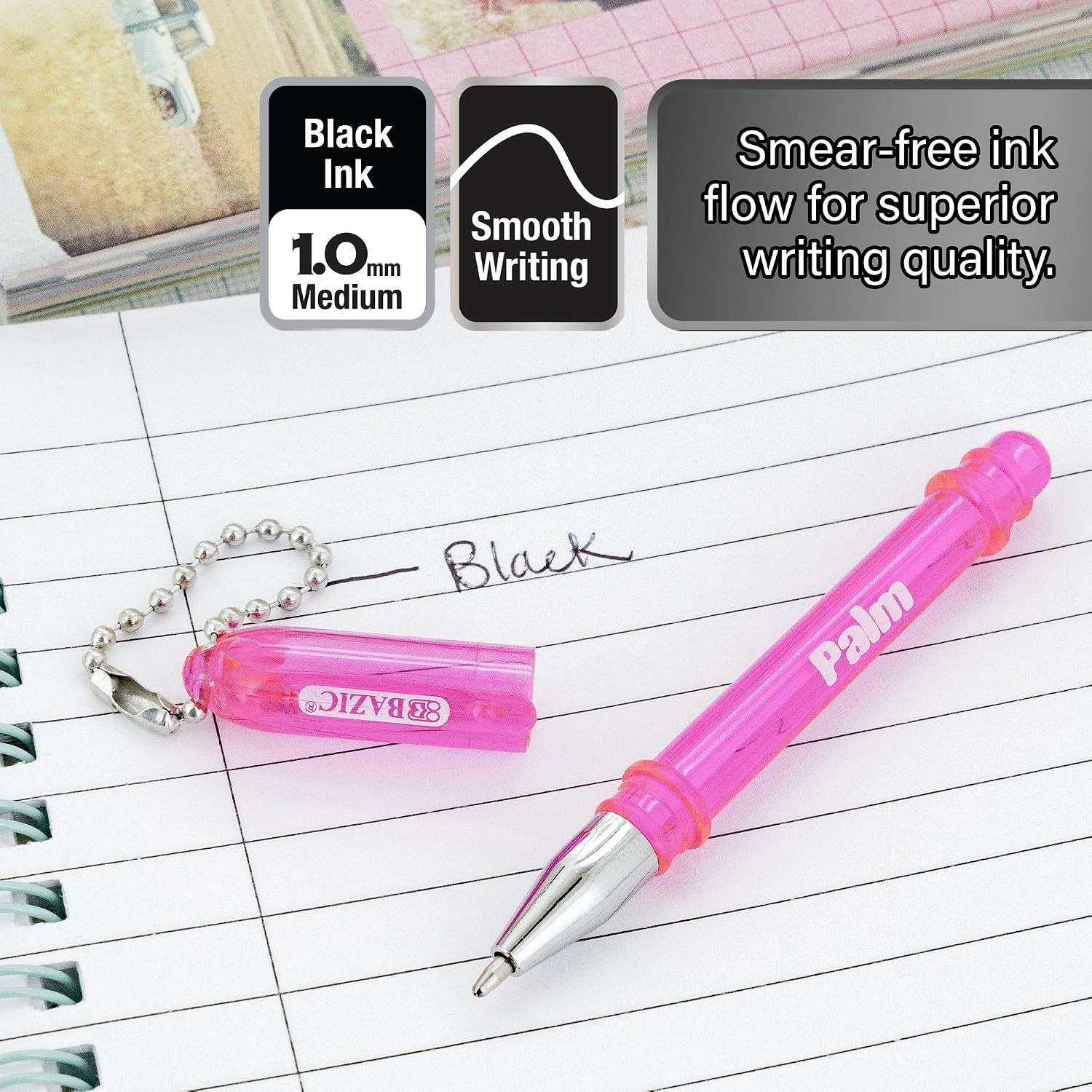 BAZIC Palm Mini Ballpoint Pen w/Key Ring, Roller Pens Medium Point 1.0mm, Sma…