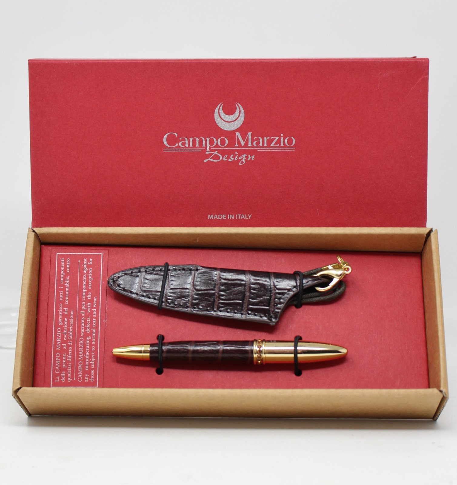 Campo Marzio Italy Ball Point Pen Necklace Brown Mini Crystals Leather Pouch NEW