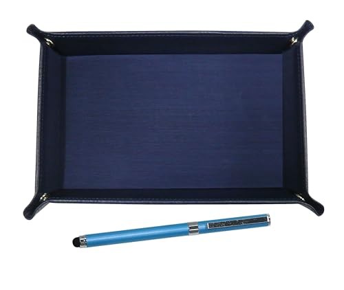 Japanese-made textured cowhide leather pen tray (blue) with smartphone-touch