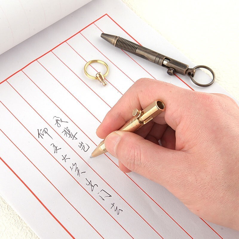 Mini Pocket Keychain Detachable Brass Bolt Action Ball Pen Signature Outdoor EDC