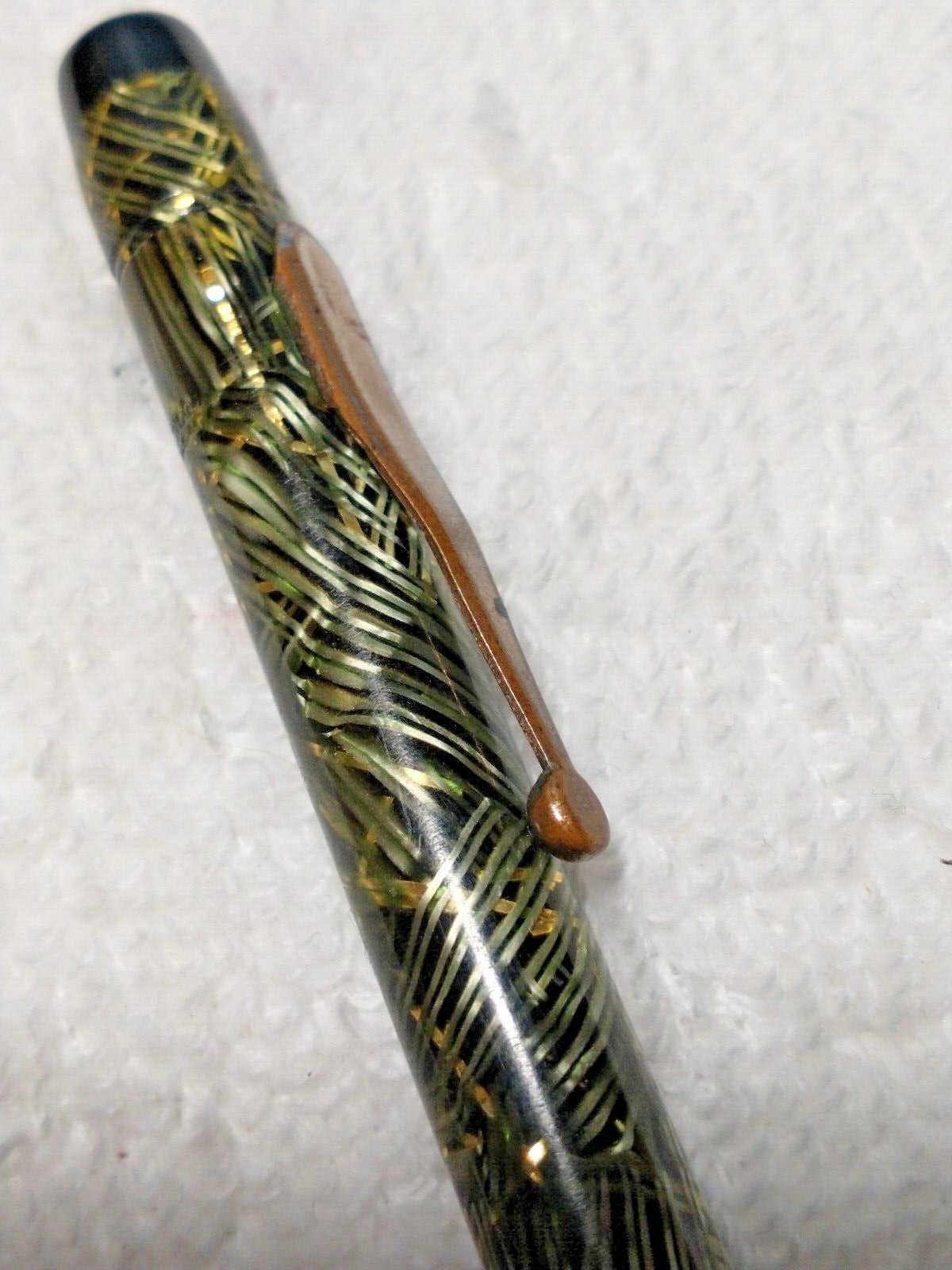 VINTAGE CELLULOID MECH PENCIL BLACK AND LIME GREEN OVER SILVER RIBBONS ANTIQUE