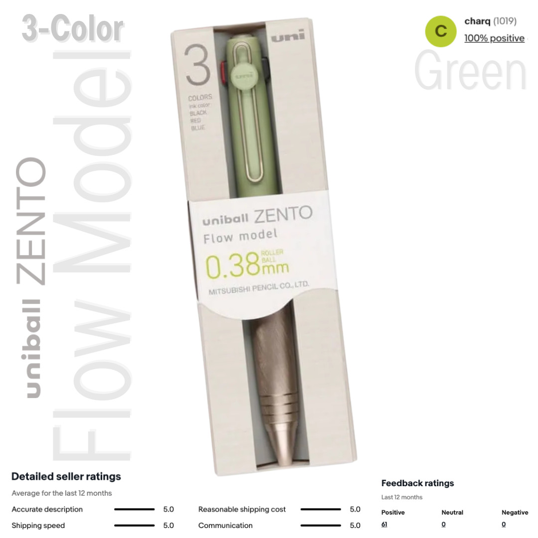 Uniball Zento Flow Three Color Pen 0.38mm Green Mulipen -=NEW=-