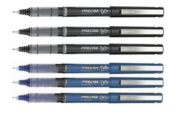 6 Pilot Precise V7 Rolling Ball Pens, 3 Black, 3 Blue, Fine Point 0.7mm