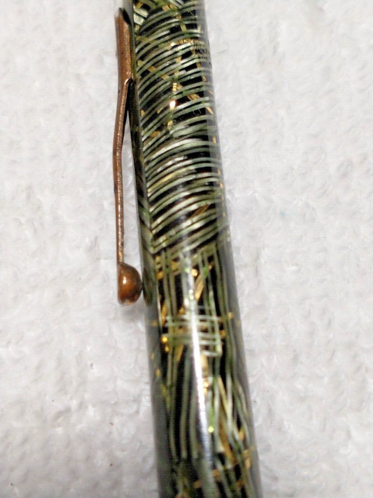 VINTAGE CELLULOID MECH PENCIL BLACK AND LIME GREEN OVER SILVER RIBBONS ANTIQUE