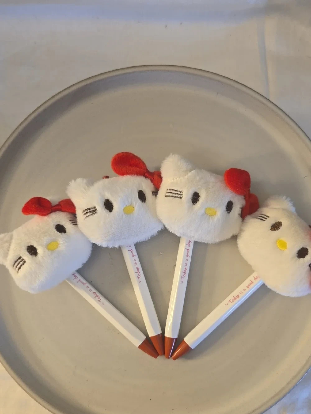 4 Hello Kitty-Inspired White & Red Plush Head Black Ballpoint Pens New