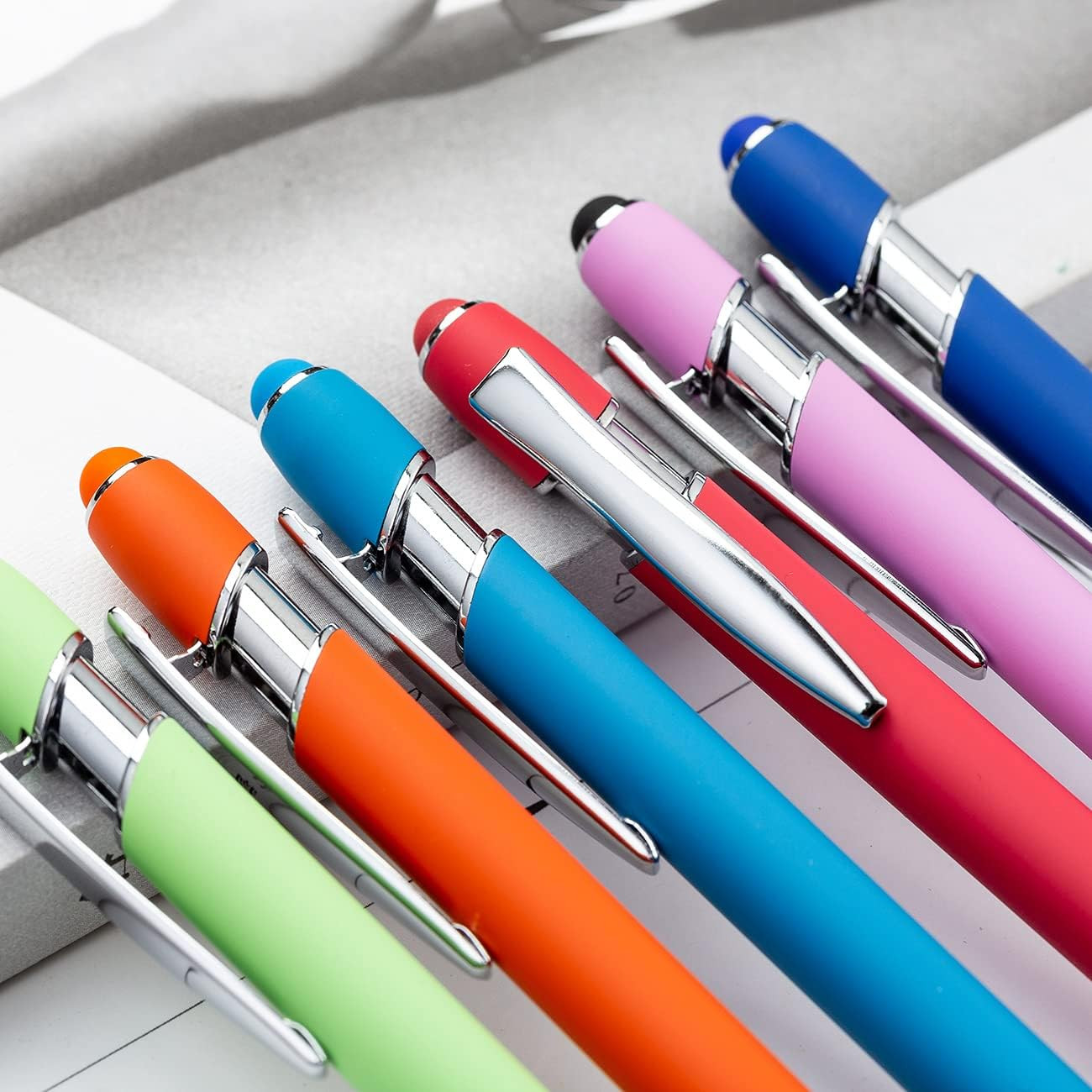 PASISIBICK 12 Pieces Rainbow Rubberized Soft Touch Ballpoint Pen with Stylus Tip