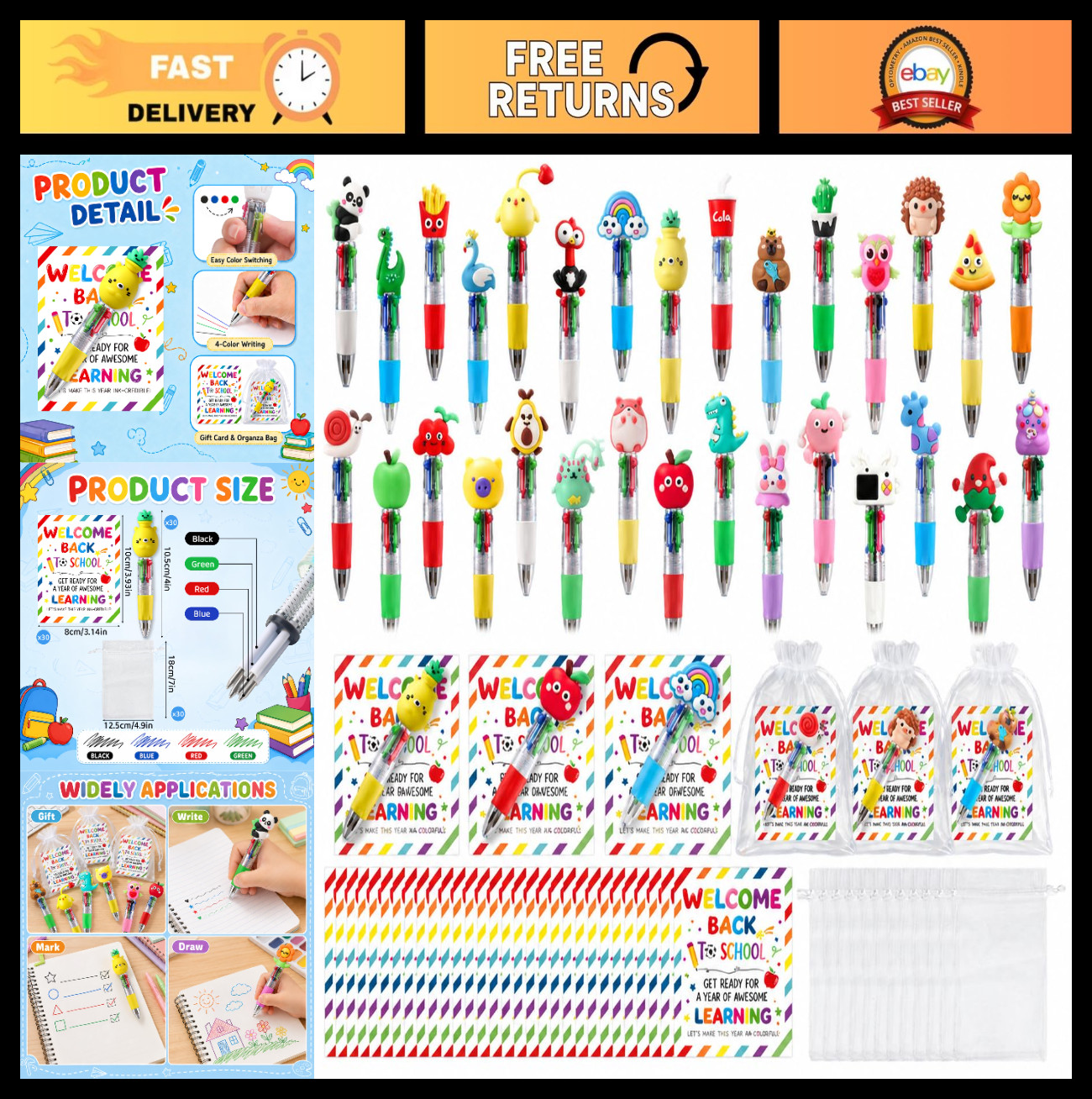30 Pack 4-in-1 Multicolor Cute Pens for School, Office & Gifts – Retractable Fun