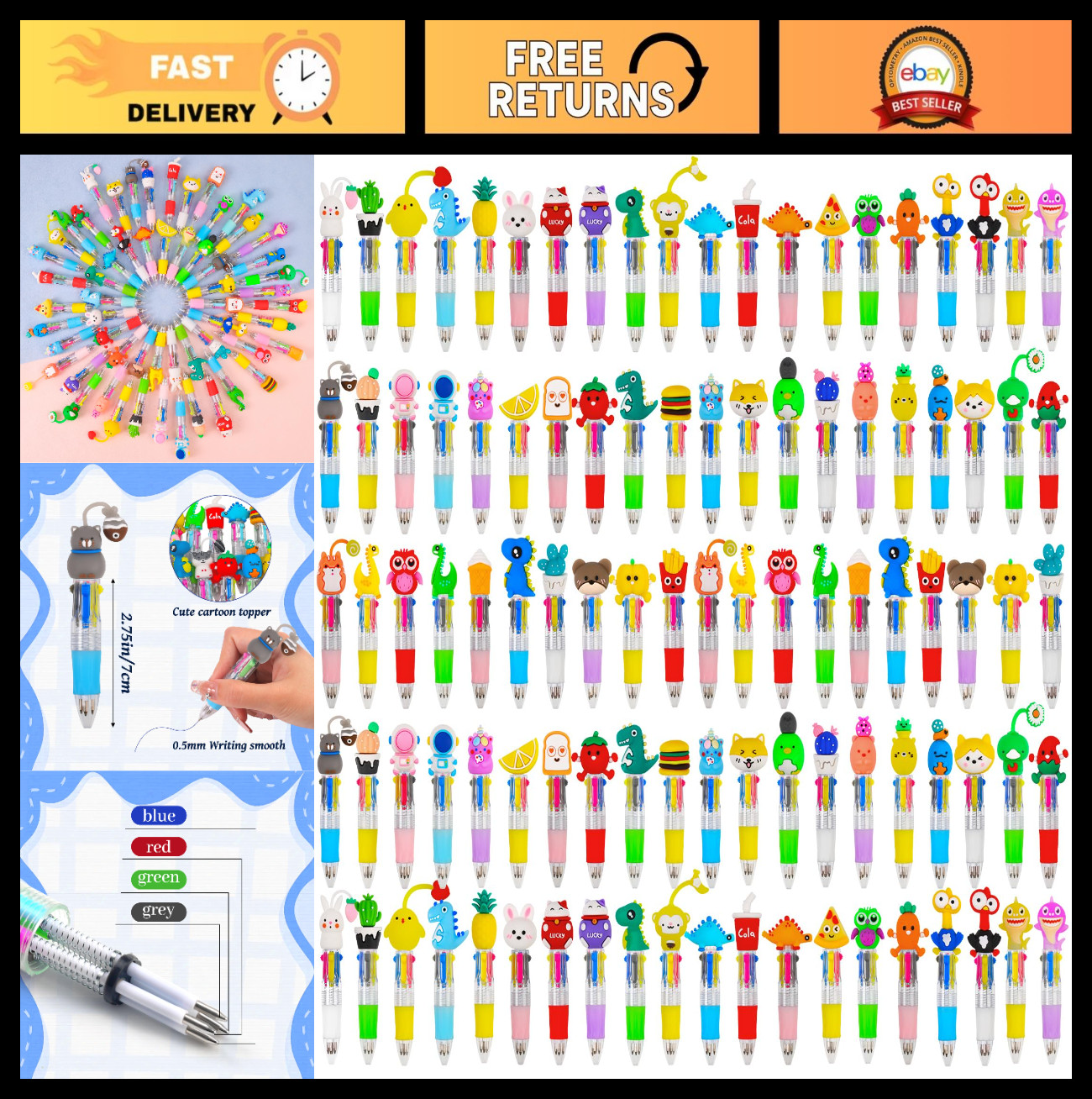 100Pcs Mini Multicolor 4-in-1 Cute Ballpoint Pens for Kids, Party Favors & Gifts
