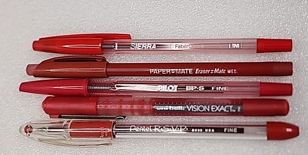 Vintage 90’s- RED Ball Point Pens NEW Fine/med. PENTEL/PILOT/UNIBALL/SIERRA/PM