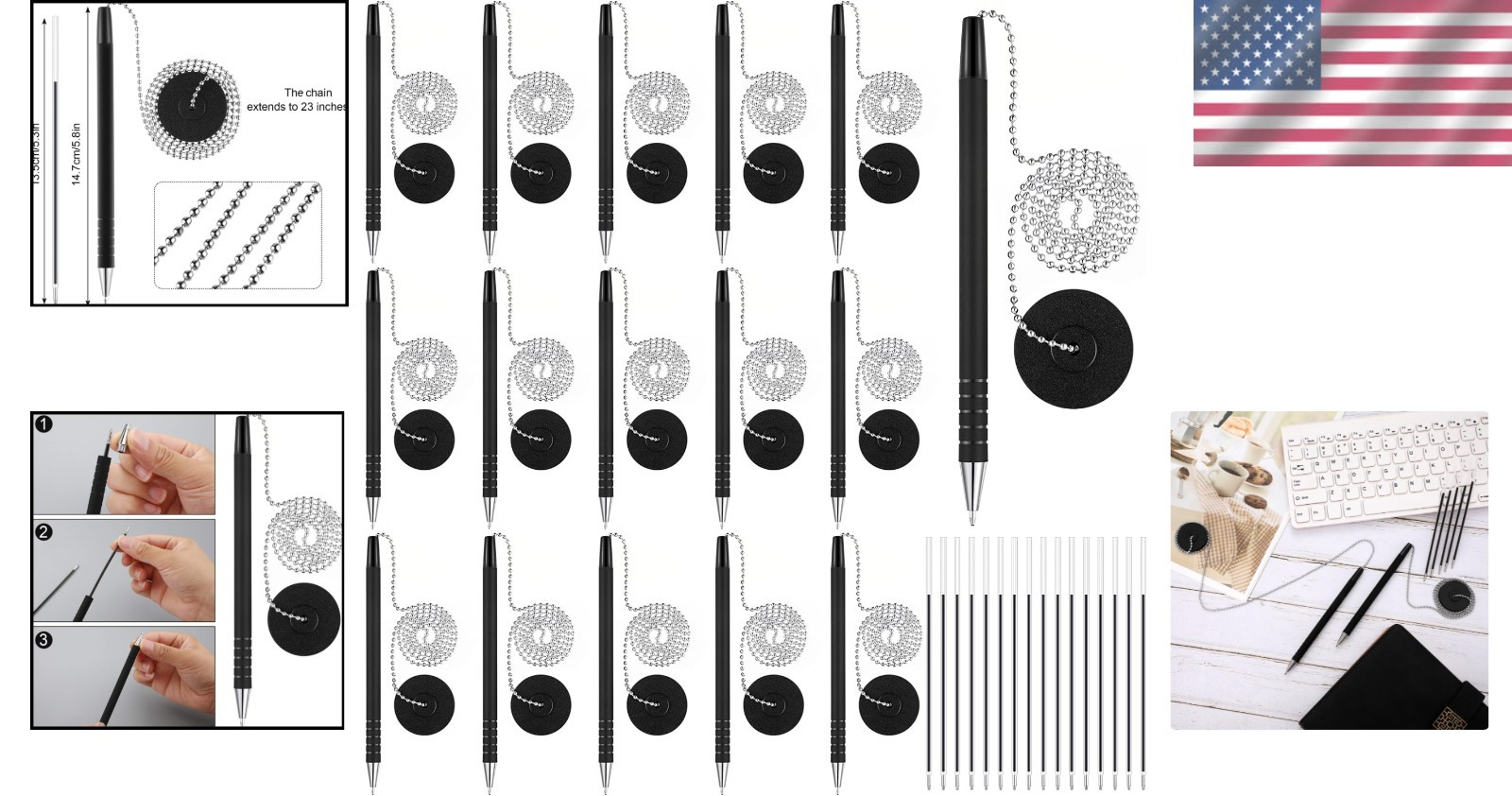 64-Piece Refillable Black Ink Security Pen Set with Chain Holders for Offices