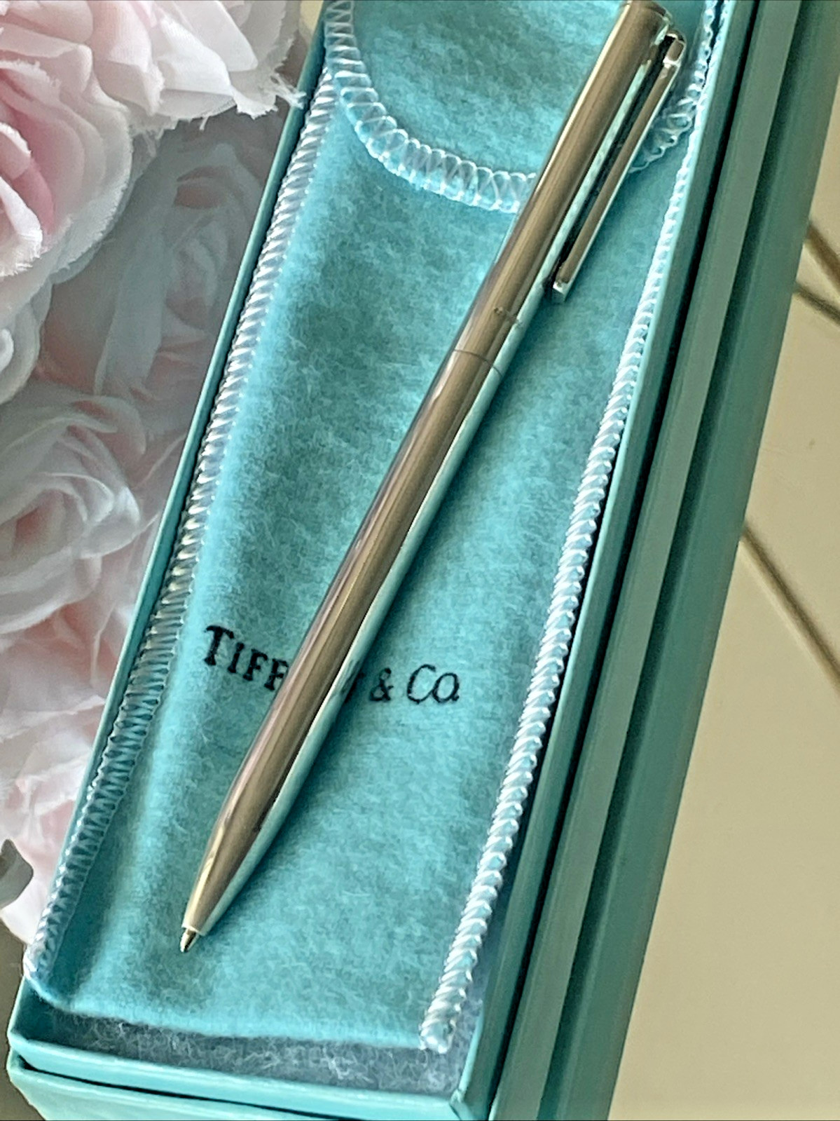 Vtg Tiffany & Co. Sterling Silver 925 T Clip Ballpoint Pen Black Ink Pouch & Box