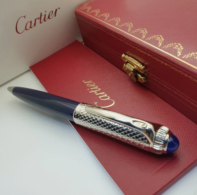 Cartier Iced Blue Guilloche Ballpoint Pen Writing Instrument with Box NIB