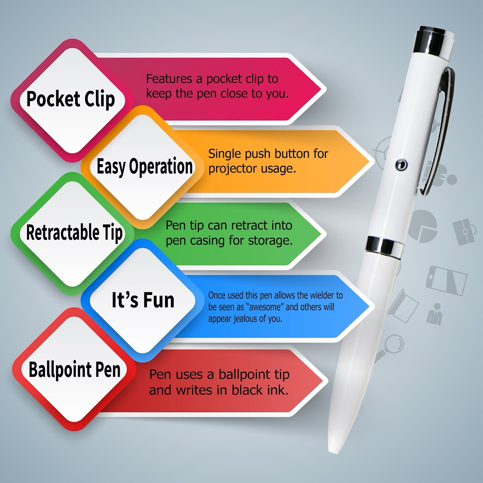 ROFLmart Projector Ballpoint Pen Black Ink Retractable Tip Pocket Clip