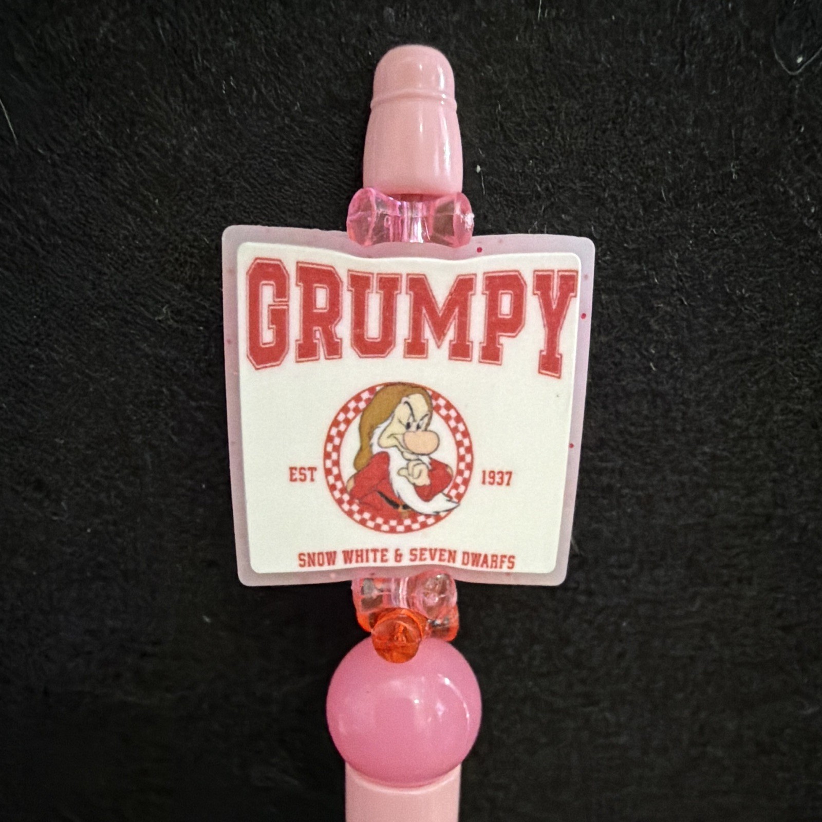 Pink Plastic Novelty Ballpoint Pen w/ «Grumpy» Character Topper, Black Ink