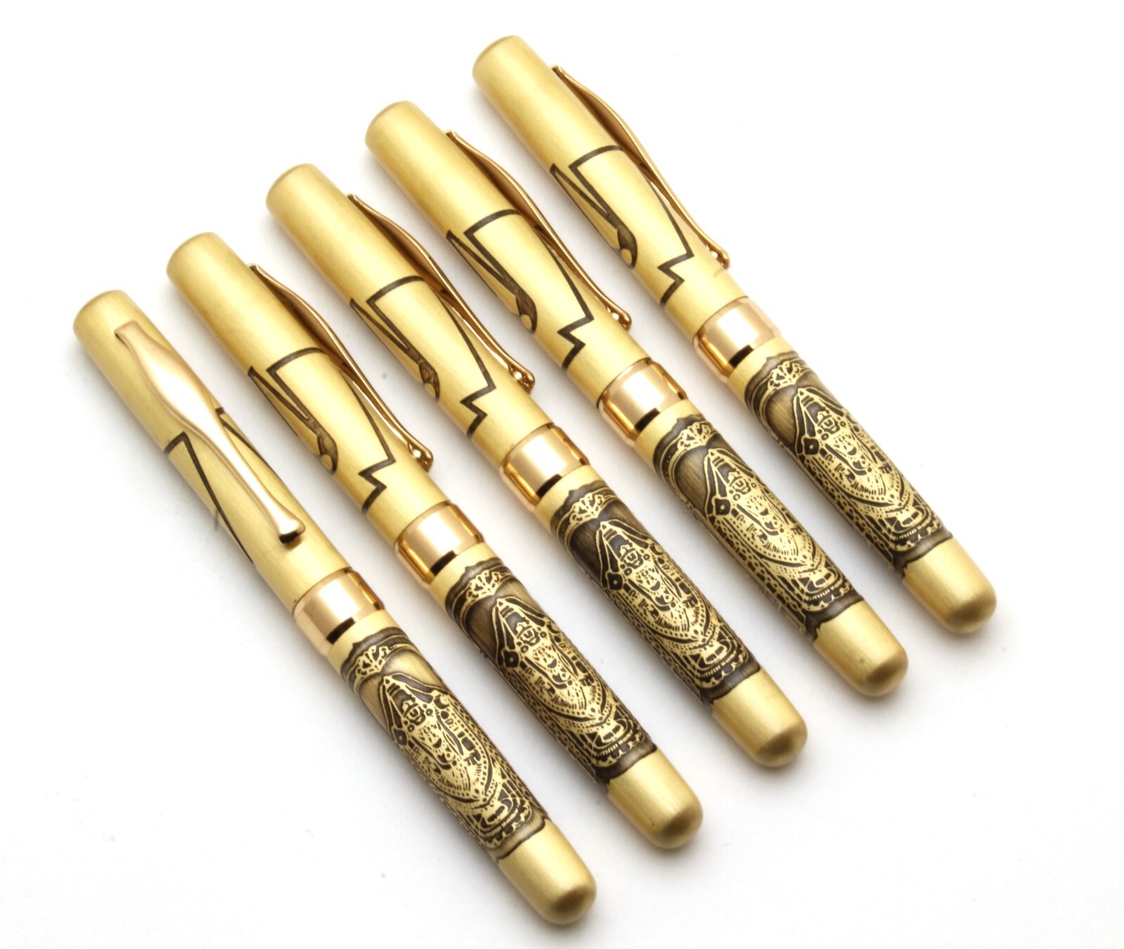 SET OF 5 Lord Balaji Engraved On Brushed Gold Metal Body Mini Size Ballpoint Pen