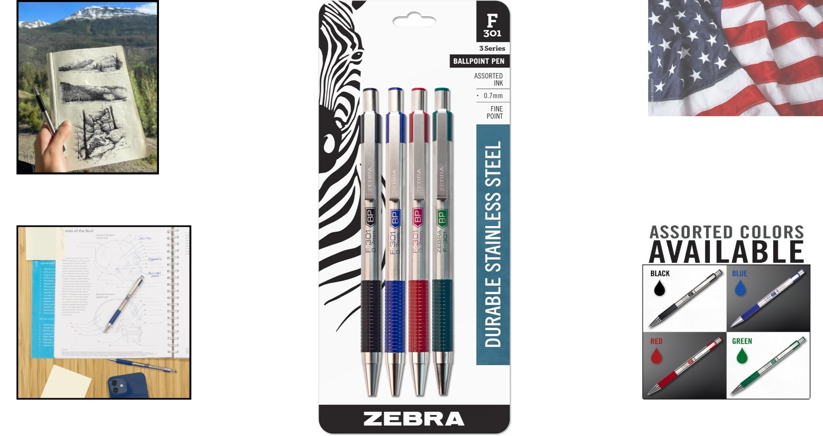F-301 Ballpoint Black, Blue, Red and Green Ink, Fine Point 0.7mm Pen, Easy-Gl…