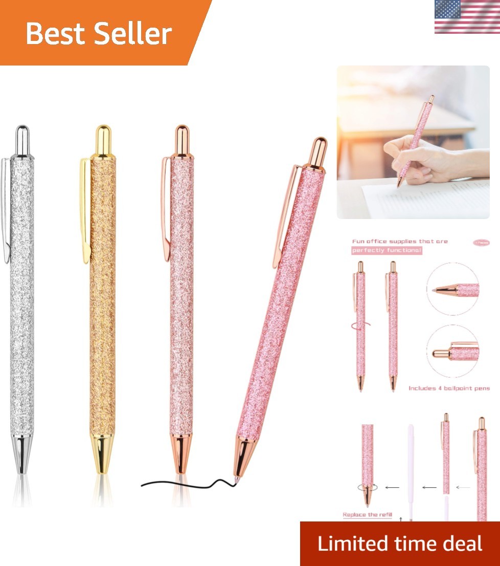 Luxury Retractable Ballpoint Pens – 4 Pcs Set, Waterproof Black Ink for All Ages