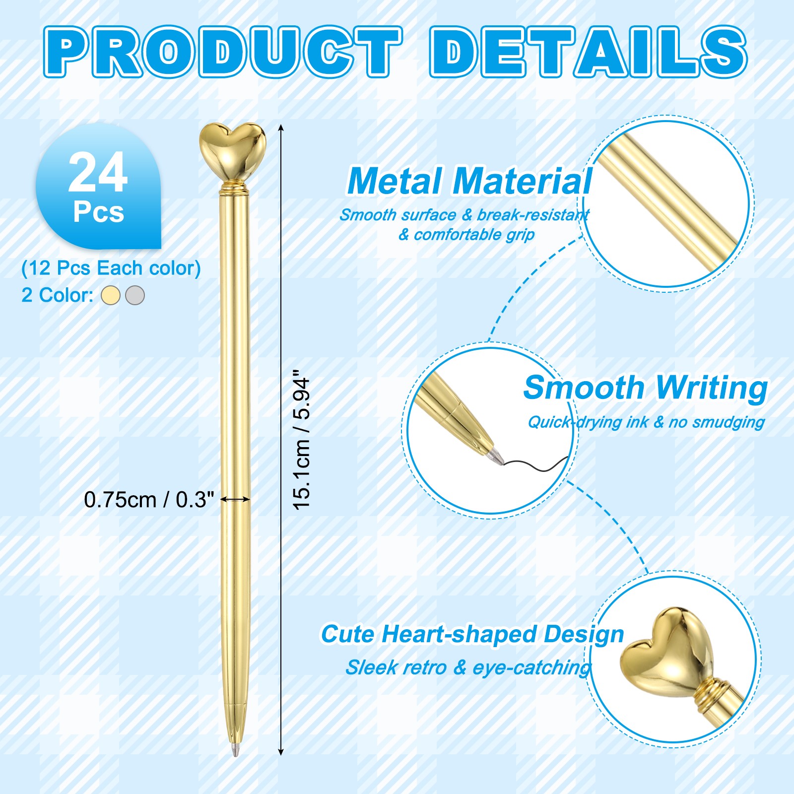 Heart Pens 1.0 mm Black Ink 24 Pcs, Electroplated Gold/Electroplated Silver