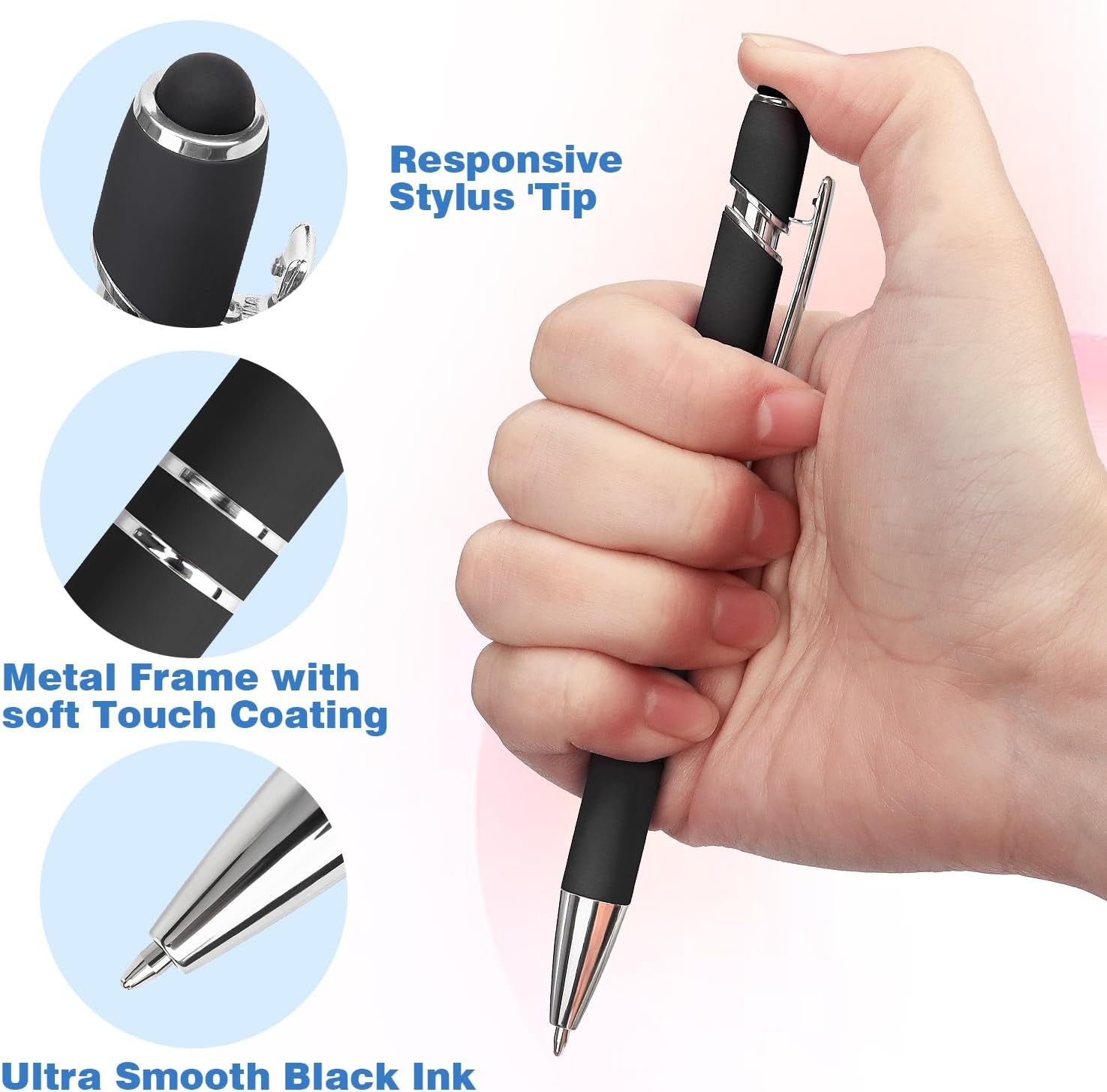 8pc Black Ballpoint Pen 2n1 Stylus-Retractable Metal Pen w/ Stylus Tip for Scree