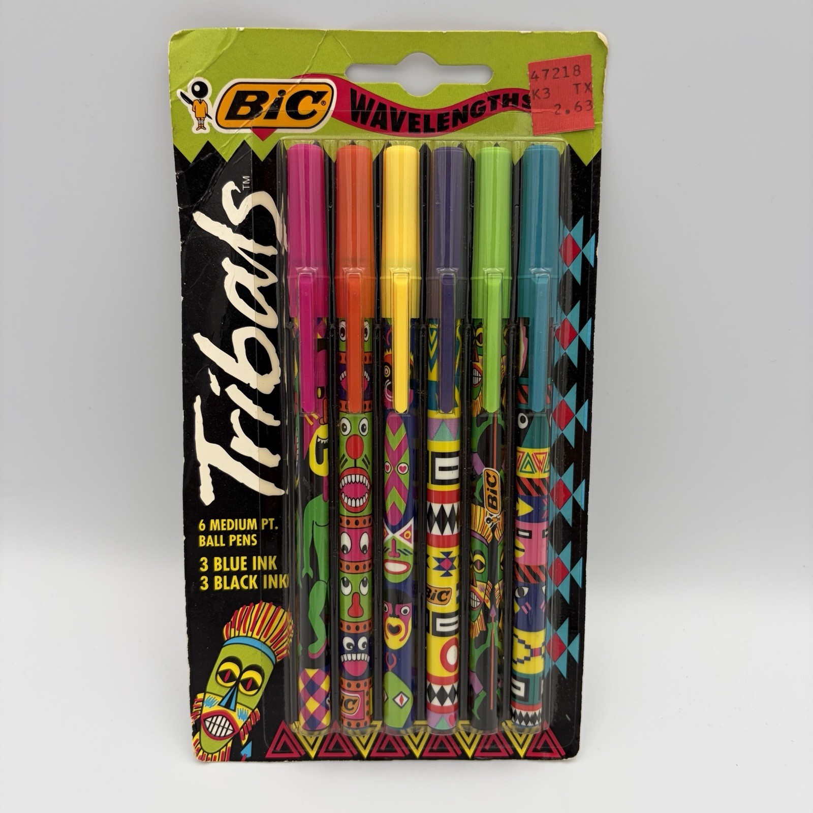 Bic TRIBALS Wavelengths 1992 Ball Medium Point Pens 6 – 3 Black / 3 Blue NOS