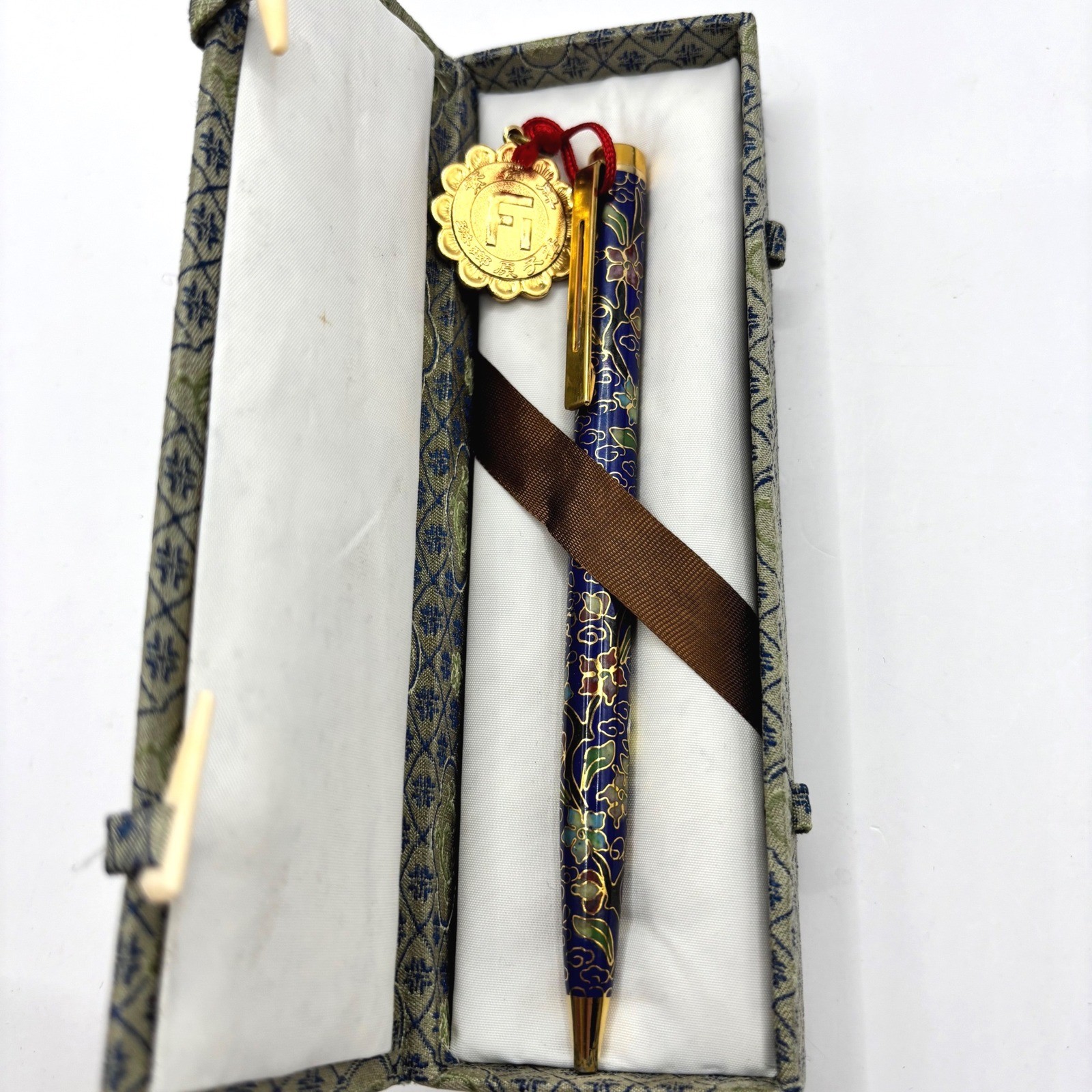 Vintage Chinese Cloisonne Floral Ballpoint Pen Blue Gold Enamel with Gift Box