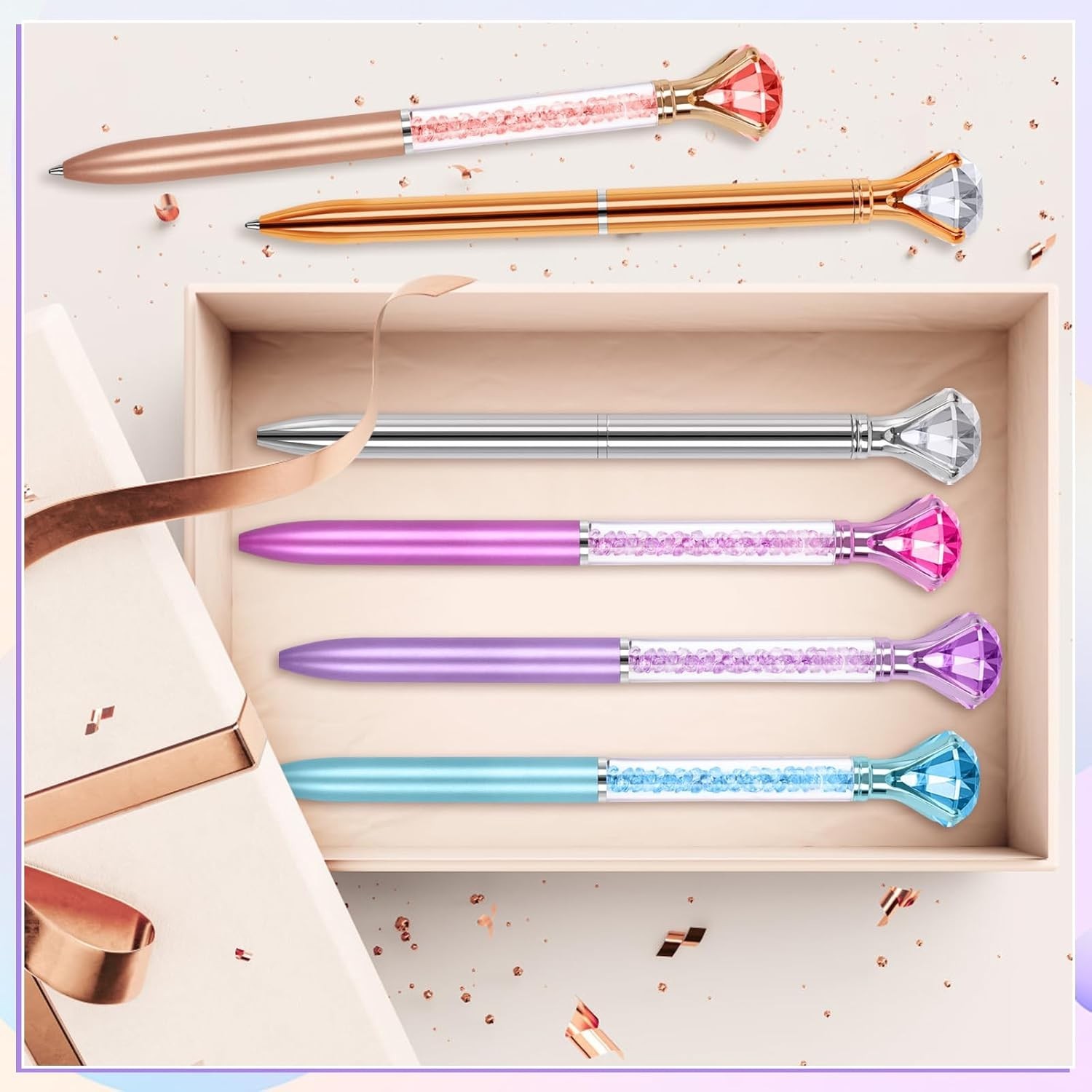 6 Pack Diamond Pens with Crystal Top Black Ink Refillable Ballpoint Pens