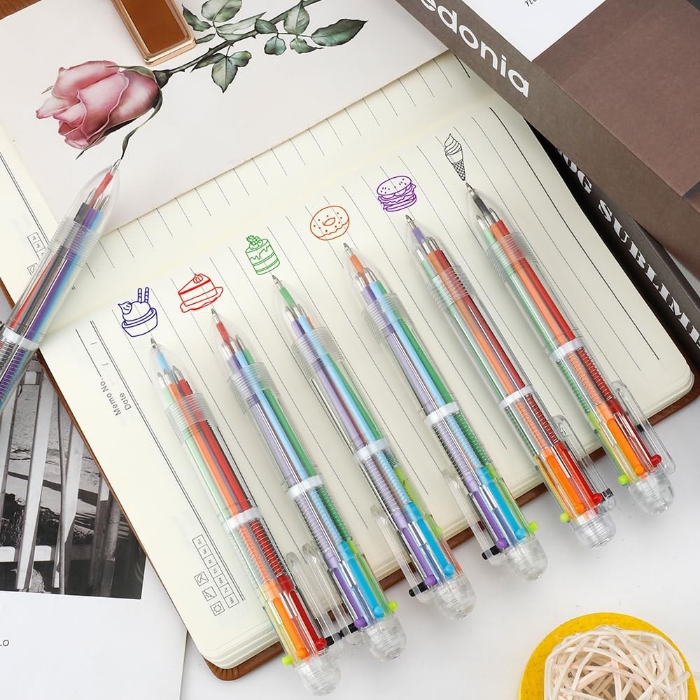 24 Pack Multicolor Pen 0.5mm 6-in-1 Ballpoint Retractable Colored Pens for Schoo