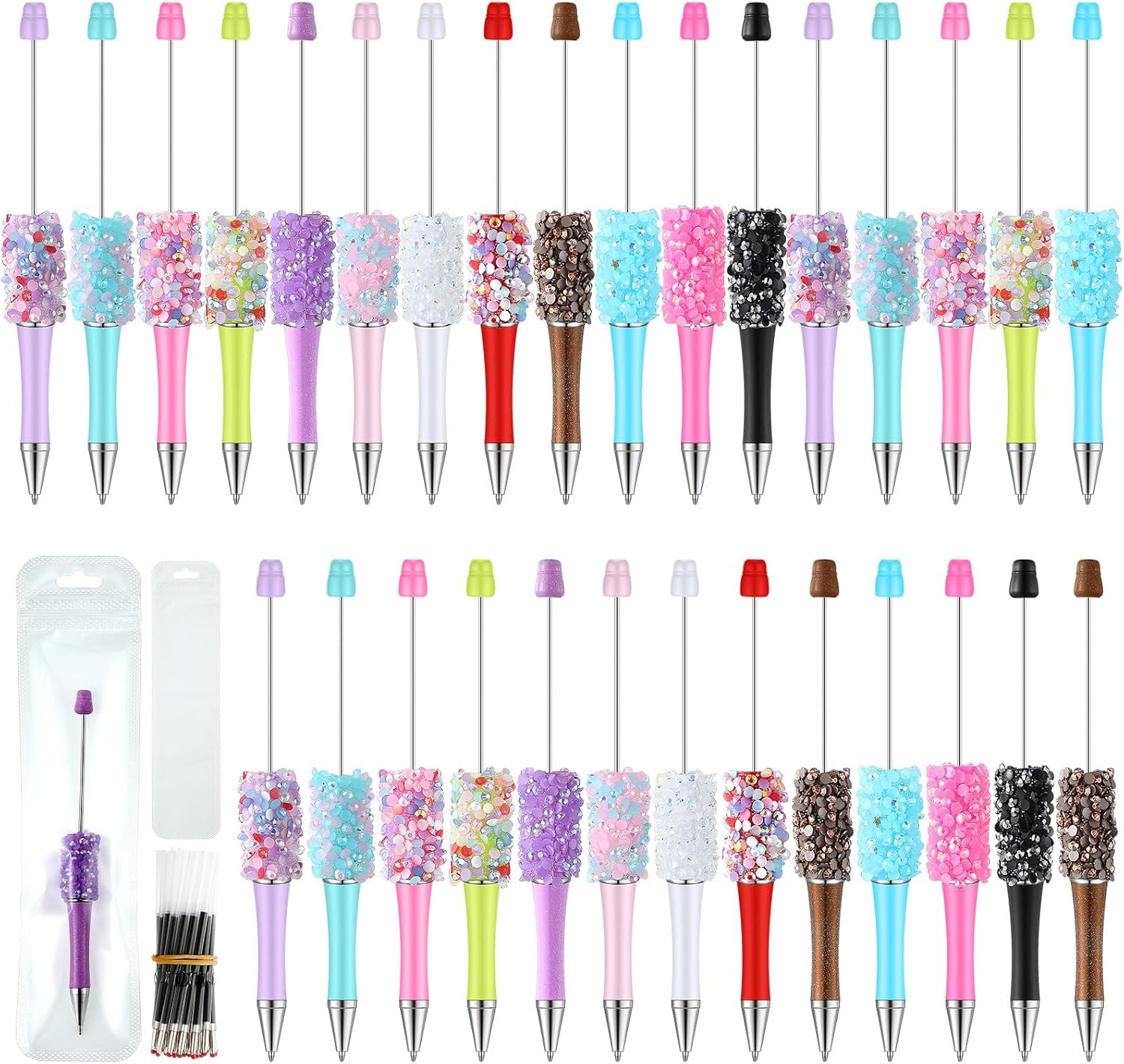 90 Pieces DIY Beadable Pens Kit 30 Pcs Plastic Petal Glitter Beaded Pens and Ref